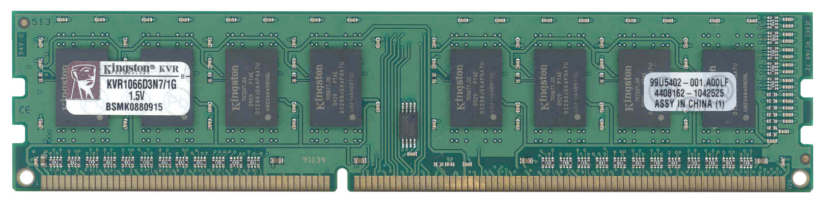 KVR1066D3N7/1G Kingston 1GB PC3-8500 DDR3-1066MHz non-ECC Unbuffered CL7 240-Pin DIMM Single Rank Memory Module
