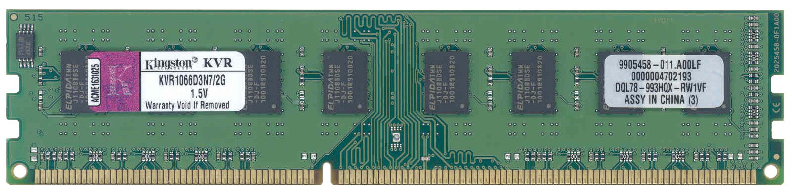 KVR1066D3N7/2G Kingston 2GB PC3-8500 DDR3-1066MHz non-ECC Unbuffered CL7 240-Pin DIMM Dual Rank Memory Module