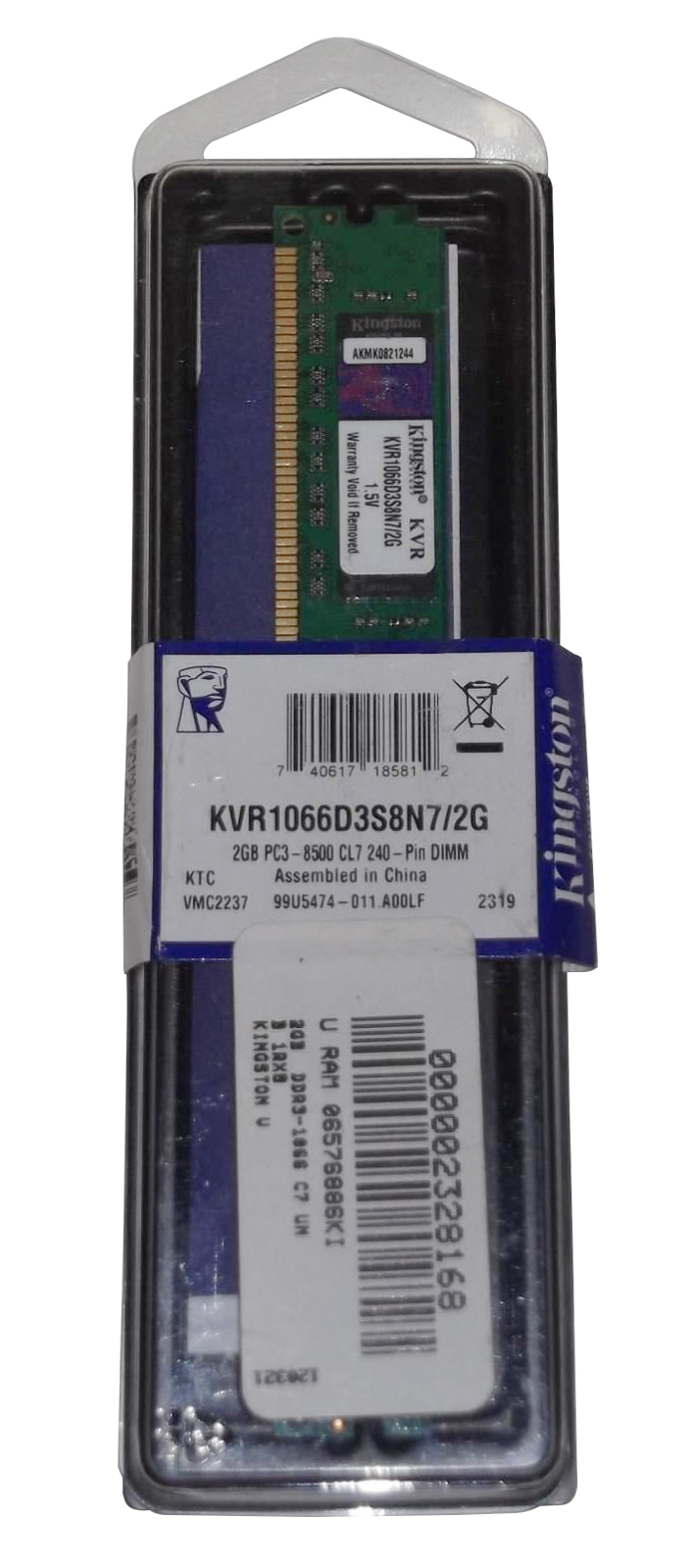 KVR1066D3S8N7/2G Kingston 2GB PC3-8500 DDR3-1066MHz non-ECC Unbuffered CL7 240-Pin DIMM Single Rank Memory Module