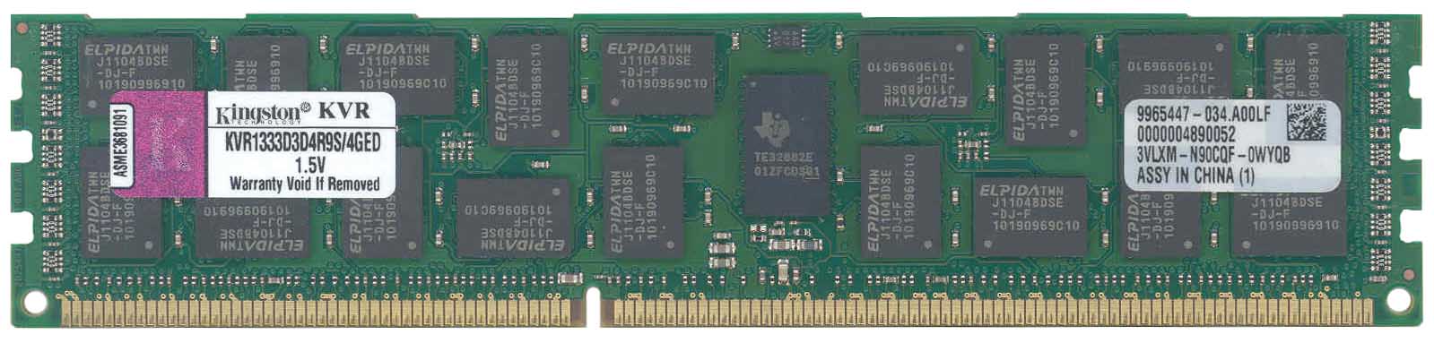 KVR1333D3D4R9S/4GED Kingston 4GB PC3-10600 DDR3-1333MHz ECC Registered CL9 240-Pin DIMM Dual Rank x4 Memory Module with Thermal Sensor (Elpida D)