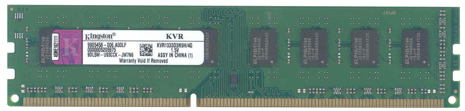 KVR1333D3N9H/4G Kingston 4GB PC3-10600 DDR3-1333MHz non-ECC Unbuffered CL9 240-Pin DIMM Dual Rank Memory Module (STD Height 30mm)
