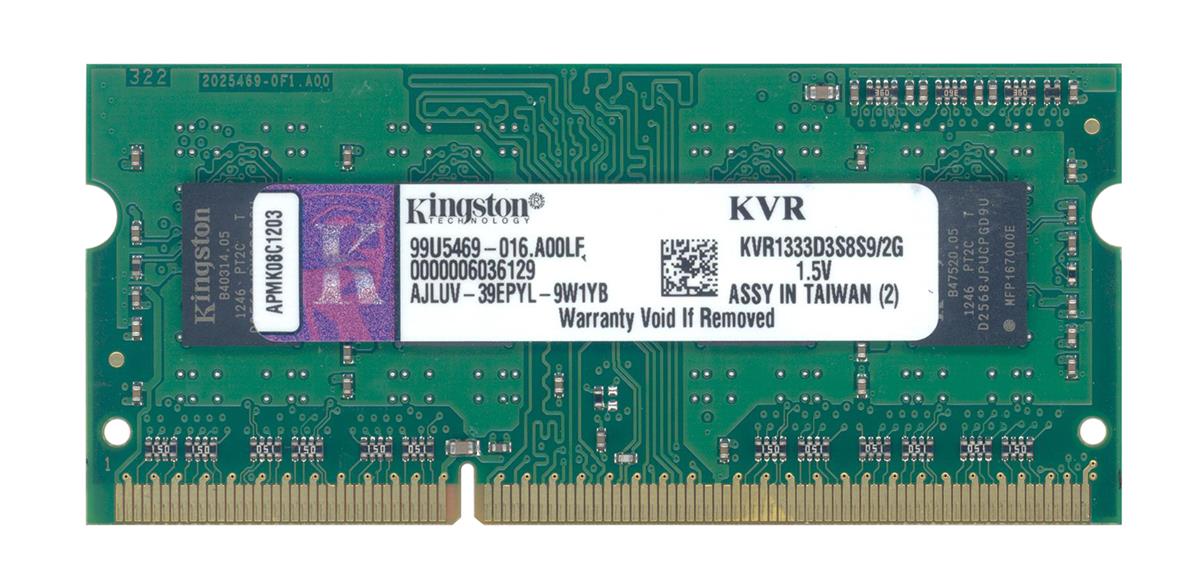 KVR1333D3S8S9/2G Kingston 2GB PC3-10600 DDR3-1333MHz non-ECC Unbuffered CL9 204-Pin SoDimm Single Rank Memory Module