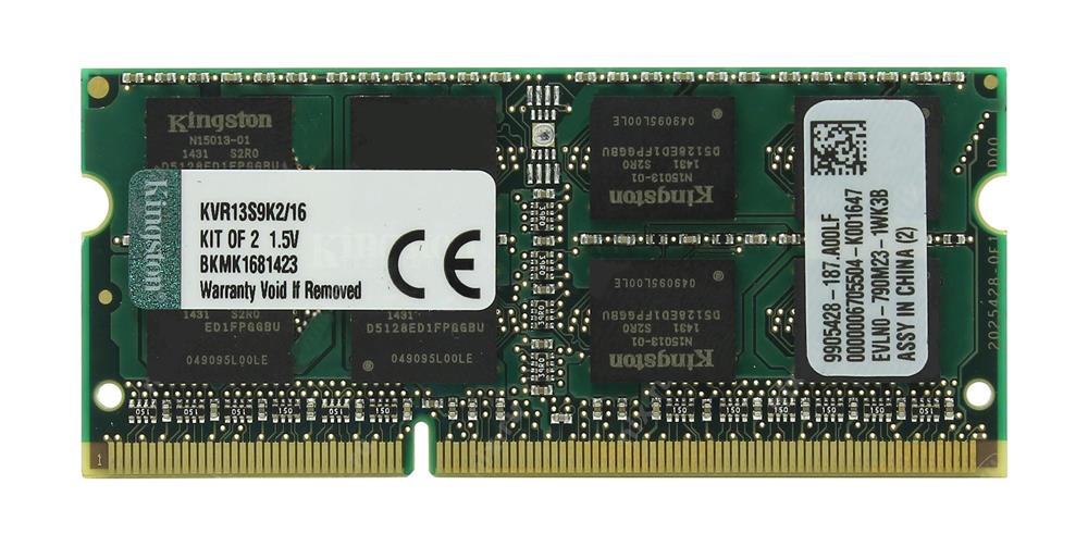 KVR13S9K2/16 Kingston 16GB Kit (2 X 8GB) PC3-10600 DDR3-1333MHz non-ECC Unbuffered CL9 204-Pin SoDimm Dual Rank Memory