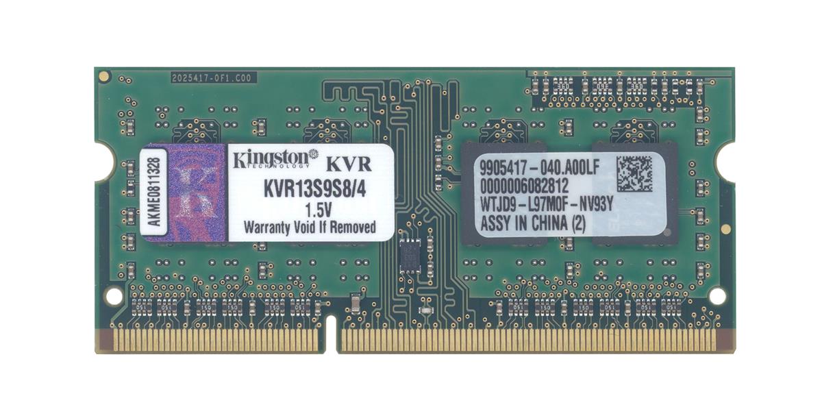 KVR13S9S8/4 Kingston 4GB PC3-10600 DDR3-1333MHz non-ECC Unbuffered CL9 204-Pin SoDimm Single Rank, x8 Memory Module