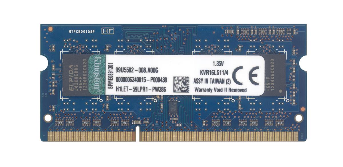 KVR16LS11/4 Kingston 4GB PC3-12800 DDR3-1600MHz non-ECC Unbuffered CL11 204-Pin SoDimm 1.35V Low Voltage Memory Module