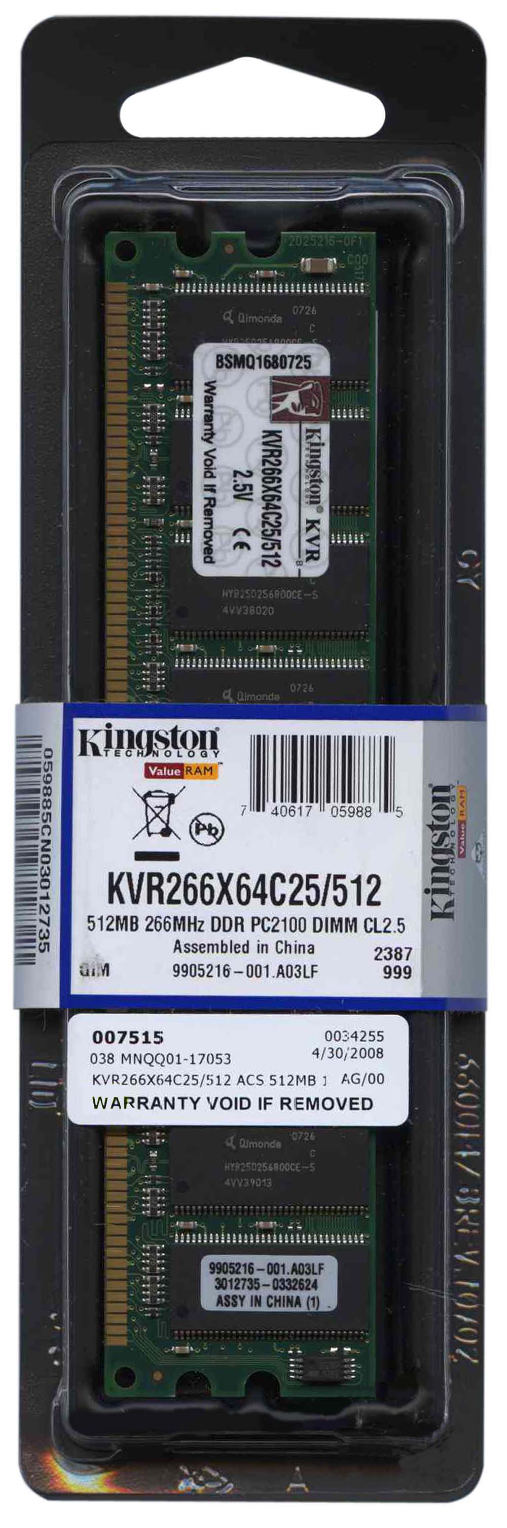 KVR266X64C25/512 Kingston 512MB PC2100 DDR-266MHz non-ECC Unbuffered CL2.5 184-Pin DIMM 2.5V Memory Module
