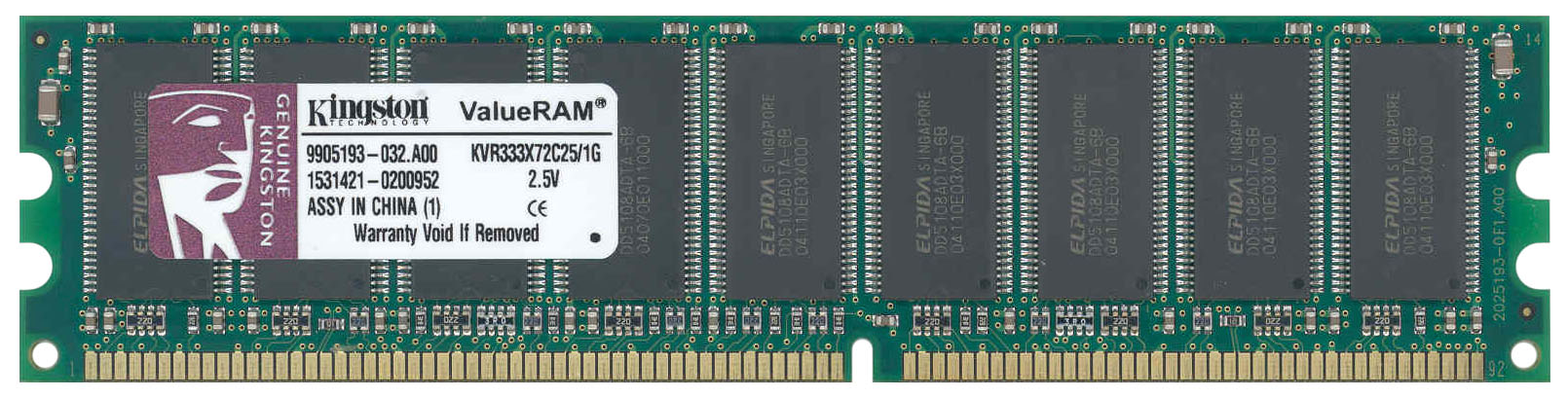 KVR333X72C25/1G Kingston 1GB PC2700 DDR-333MHz ECC Unbuffered CL2.5 184-Pin DIMM Memory Module