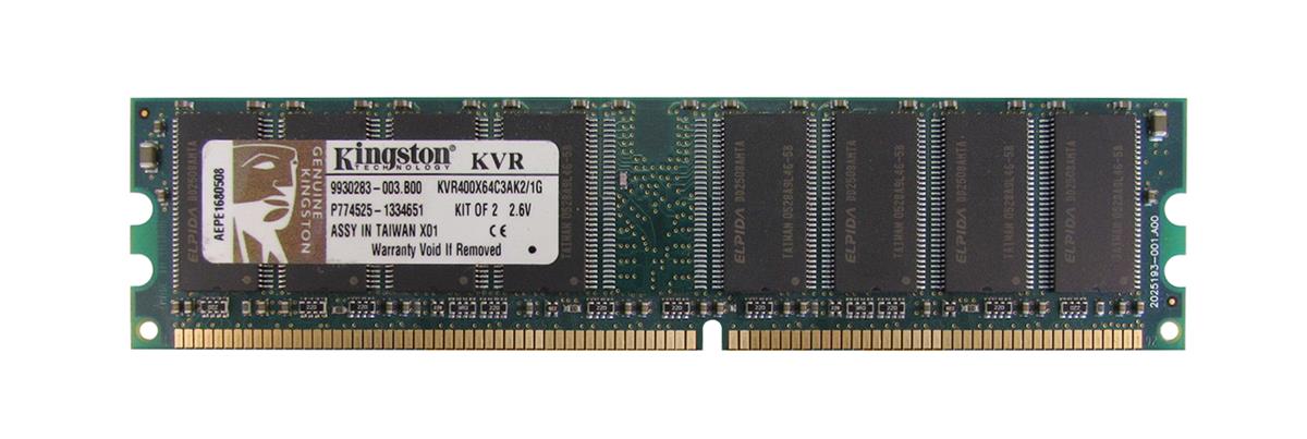 KVR400X64C3AK2/1G Kingston 1GB Kit (2 X 512MB) PC3200 DDR-400MHz non-ECC Unbuffered CL3 184-Pin DIMM Memory