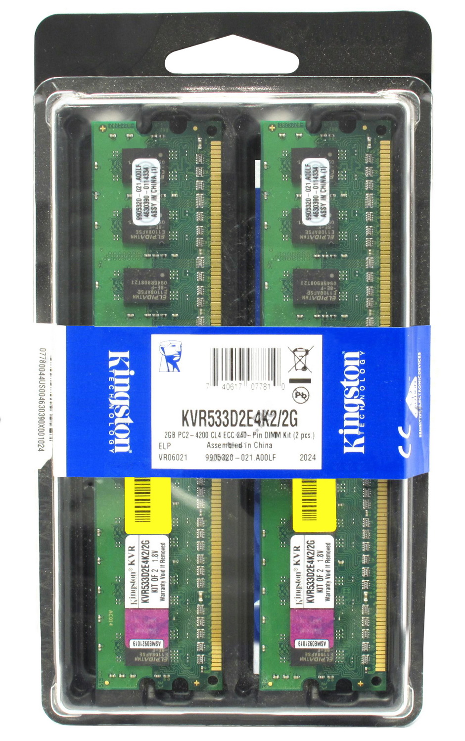 KVR533D2E4K2/2G Kingston 2GB Kit (2 X 1GB) PC2-4200 DDR2-533MHz ECC Unbuffered CL4 240-Pin DIMM Memory