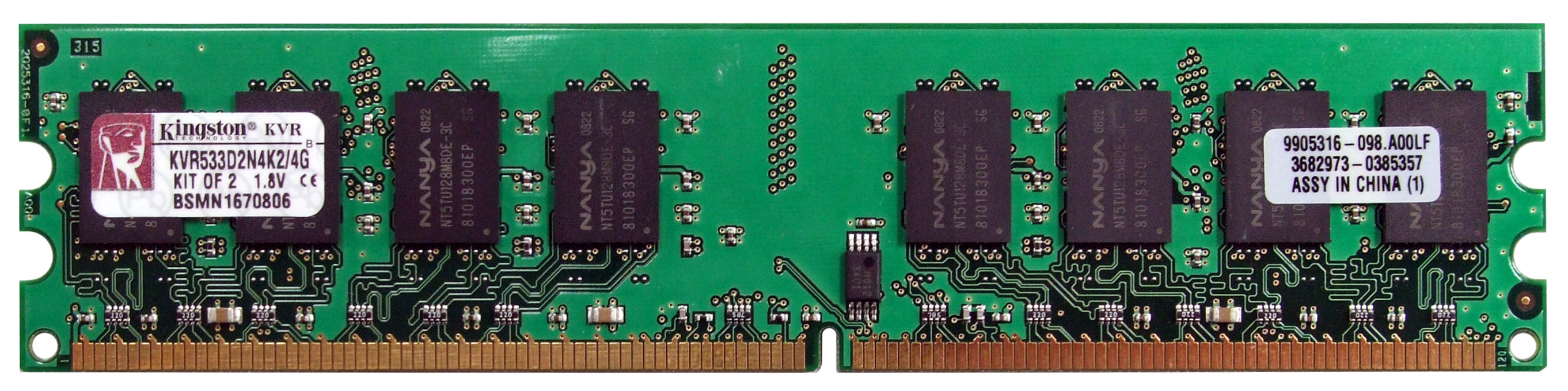KVR533D2N4K2/4G Kingston 4GB Kit (2 X 2GB) PC2-4200 DDR2-533MHz non-ECC Unbuffered CL4 240-Pin DIMM Memory