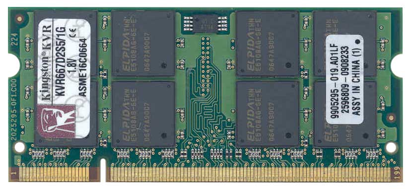 KVR667D2S5/1G Kingston 1GB PC2-5300 DDR2-667MHz non-ECC Unbuffered CL5 200-Pin SoDimm Dual Rank Memory Module