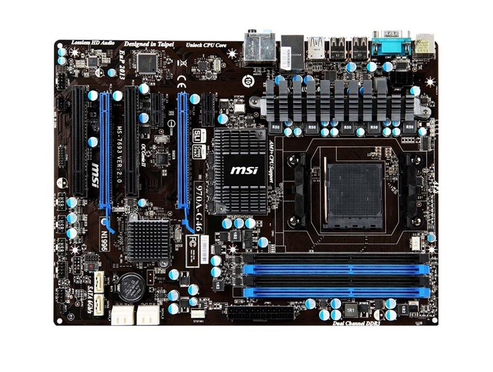 MB970A46 MSI Socket AM3+ AMD 970 + SB950 Chipset AMD Phenom II X6/ Phenom II X4/ Phenom II X3/ Phenom II X2 AMD Sempron Processors Support DDR3 4x DIMM 6x SATA3 6.0Gb/s ATX Motherboard (Refurbished)