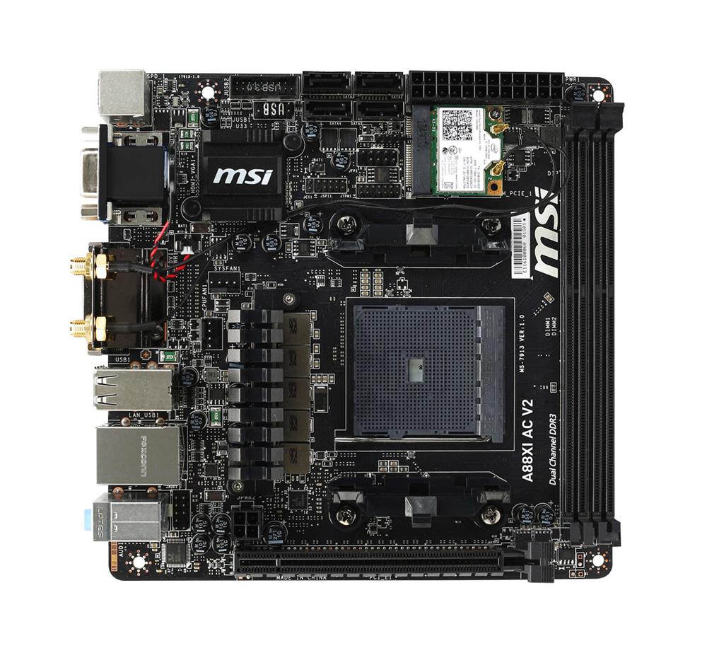 MBA88XIV2 MSI A88XI AC V2 Socket FM2+ AMD A88X Chipset AMD A-Series/ Athlon Series Processors Support DDR3 2x DIMM 4x SATA 6.0Gb/s Mini-ITX Motherboard (Refurbished)