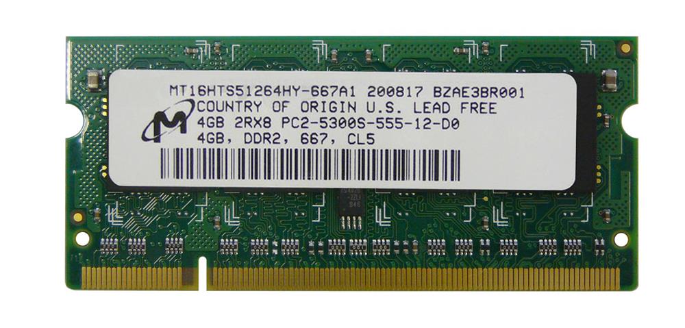 MT16HTS51264HY-667 Micron 4GB PC2-5300 DDR2-667MHz non-ECC Unbuffered CL5 200-Pin SoDimm Dual Rank Memory Module