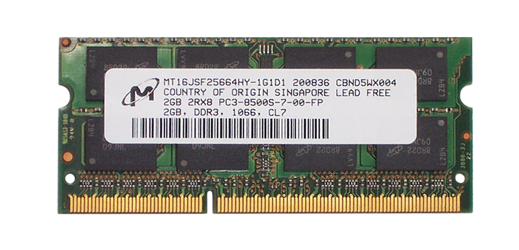 MT16JSF25664HY-1G1D1 Micron 2GB PC3-8500 DDR3-1066MHz non-ECC Unbuffered CL7 204-Pin SoDimm Dual Rank Memory Module