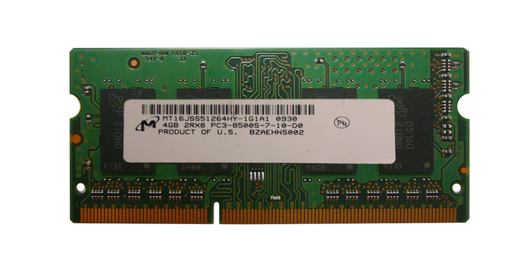 MT16JSS51264HY-1G1A1 Micron 4GB PC3-8500 DDR3-1066MHz non-ECC Unbuffered CL7 204-Pin SoDimm Dual Rank Memory Module