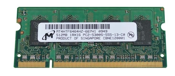 MT4HTF6464HZ-667H1 Micron 512MB PC2-5300 DDR2-667MHz Non-ECC Unbuffered CL5 200-Pin SoDimm Single Rank Memory Module