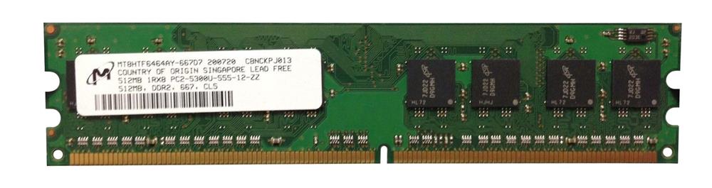 MT8HTF6464AY-667D7 Micron 512MB PC2-5300 DDR2-667MHz non-ECC Unbuffered CL5 240-Pin DIMM Single Rank Memory Module