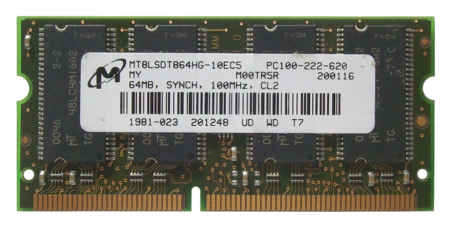 MT8LSDT864HG-10EC5 Micron 64MB PC100 100MHz non-ECC Unbuffered CL2 144-Pin SoDimm Memory Module