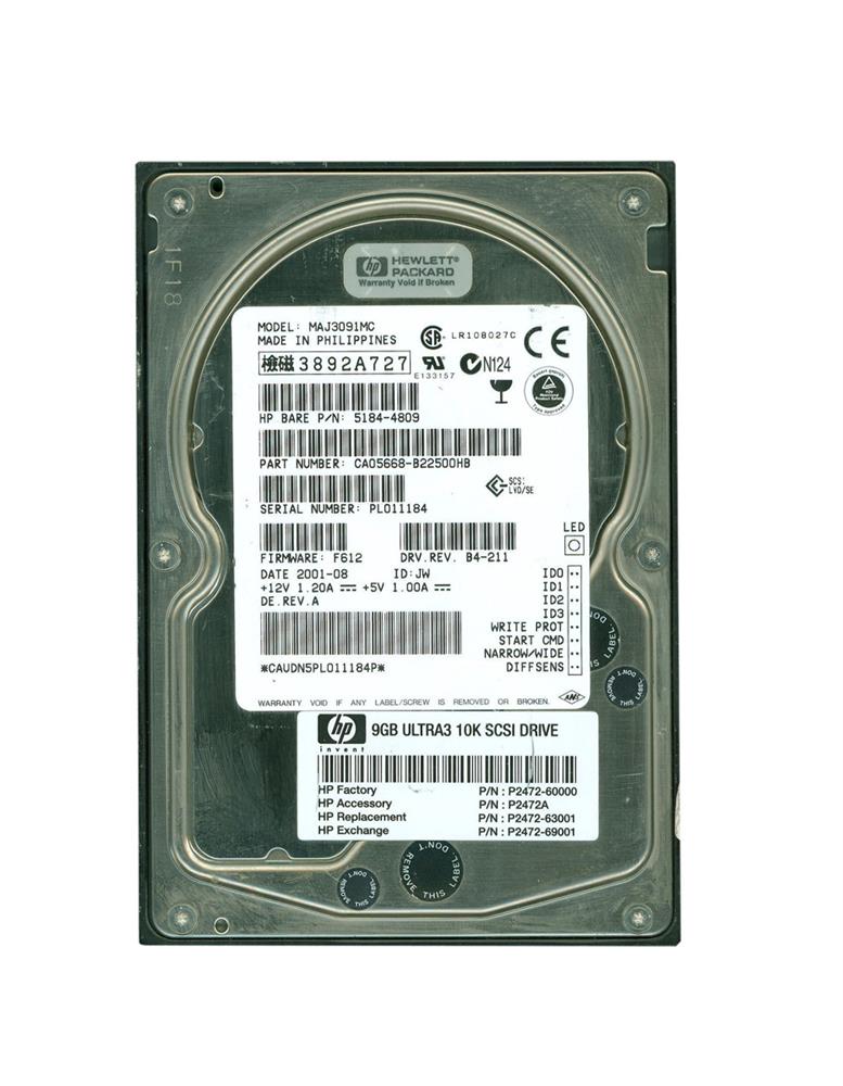 P2472A HP 9.1GB 10000RPM Ultra-160 SCSI 80-Pin LVD Hot Swap 3.5-inch Internal Hard Drive