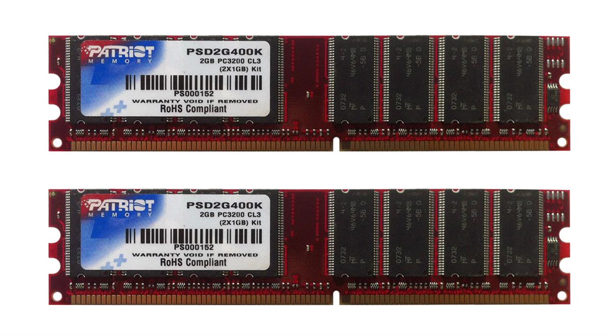 PSD2G400K Patriot 2GB Kit (2 X 1GB) PC3200 DDR-400MHz non-ECC Unbuffered CL3 184-Pin DIMM Memory