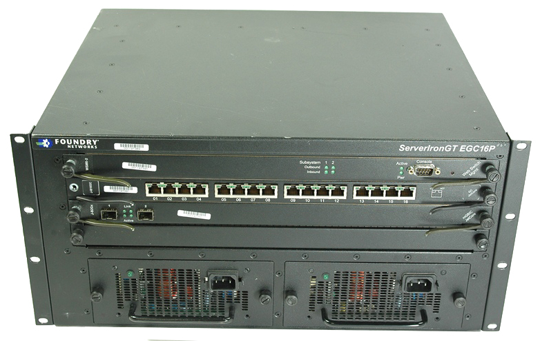 SI-GT-EGC16 Foundry 4-Slot Chassis Equipped with WSM6-1 Web Switching Management Module with ONE BP one AC Power Supply and 16-Port 100/1000Mbps Copper JetCore Line Module