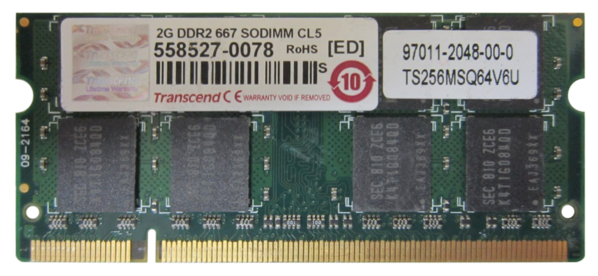 TS256MSQ64V6U Transcend 2GB PC2-5300 DDR2-667MHz non-ECC Unbuffered CL5 200-Pin SoDimm Dual Rank Memory Module