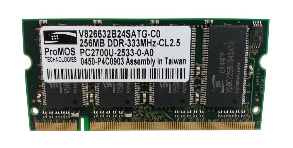 V826632B24SATG-C0 ProMOS 256MB PC2700 DDR-333MHz non-ECC Unbuffered CL2.5 200-Pin SoDimm Memory Module