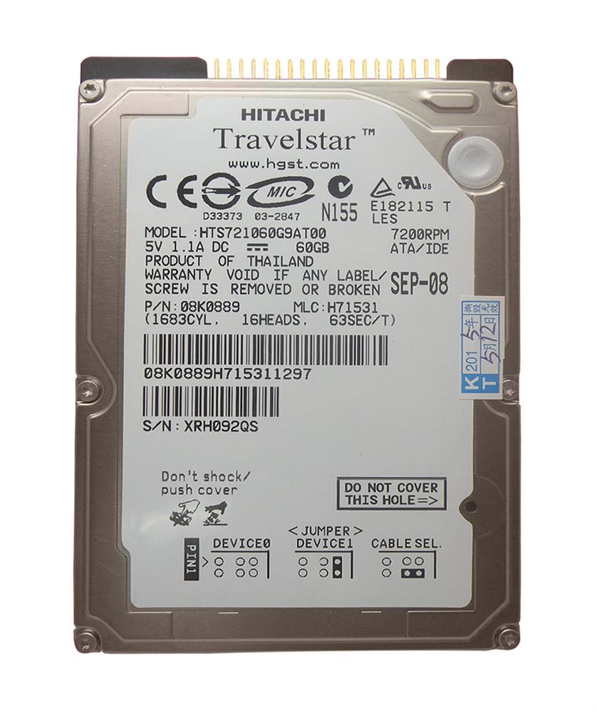 08K0889 Hitachi Travelstar E7K60 60GB 7200RPM ATA-100 8MB Cache 2.5-inch Internal Hard Drive