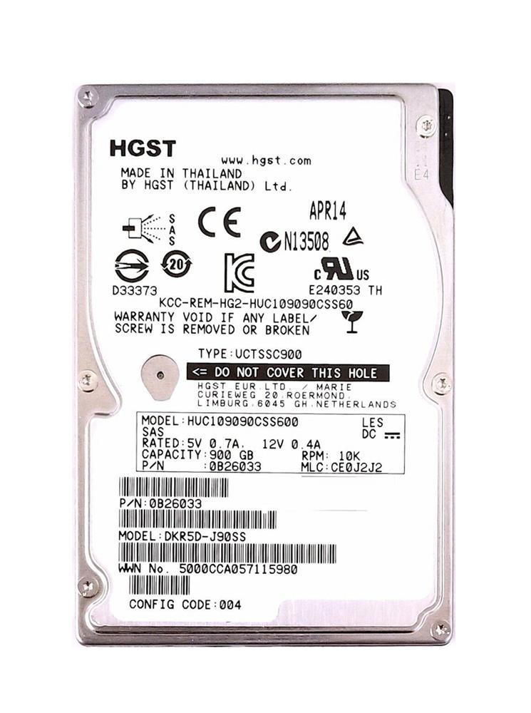 0B26033 HGST Hitachi Ultrastar C10K900 900GB 10000RPM SAS 6Gbps 64MB Cache 2.5-inch Internal Hard Drive