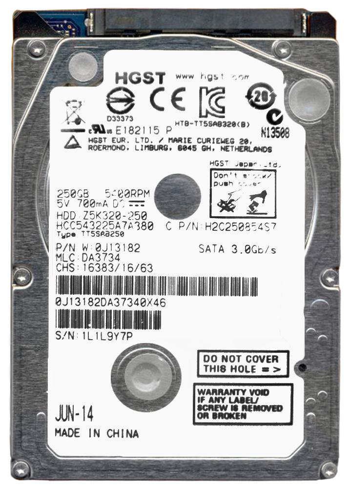 0J13182 HGST Hitachi CinemaStar Z5K320 250GB 5400RPM SATA 3Gbps 8MB Cache 2.5-inch Internal Hard Drive