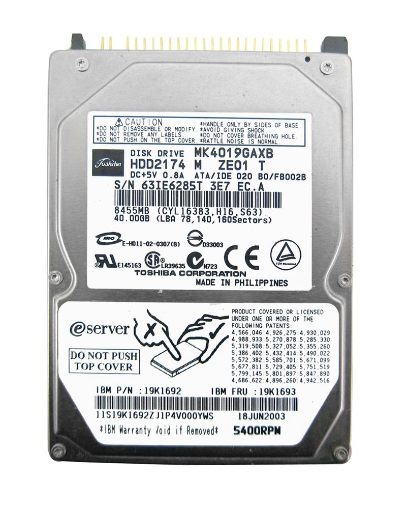 19K1693 IBM 40GB 5400RPM ATA-100 16MB Cache 2.5-inch Internal Hard Drive