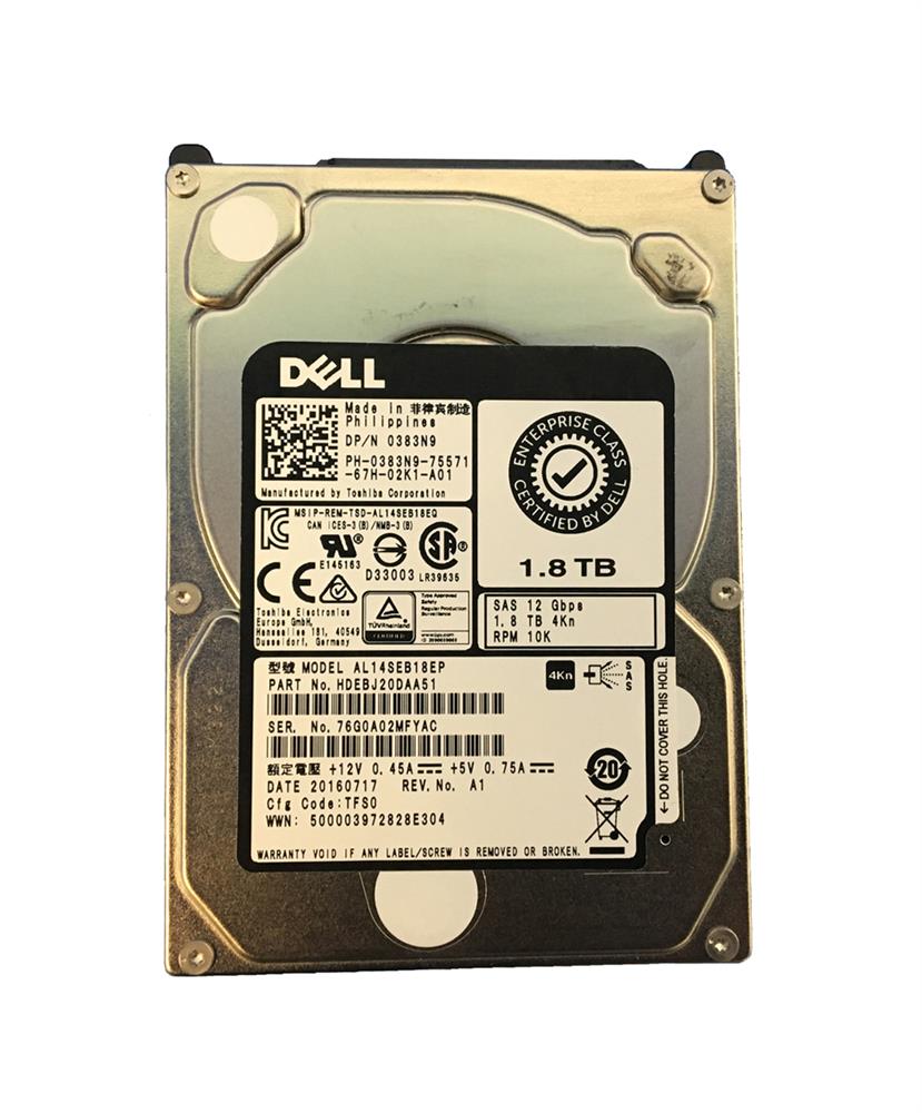 383N9 Dell 1.8TB 10000RPM SAS 12Gbps 2.5-inch Internal Hard Drive with Tray for PowerEdge Server G13