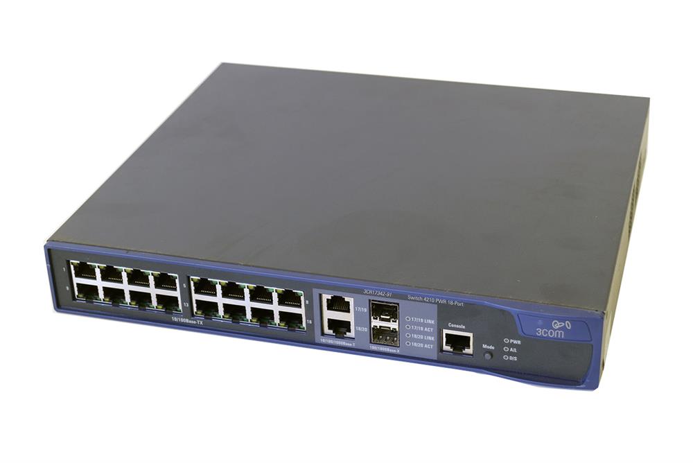 3CR17342-91 3Com 4210 PWR 18-Ports Ethernet Switch with PoE 18 Ports Manageable 8 x POE 8 x RJ-45 2 x Expansion Slots 10/100/1000Base-T, 10/100Base-TX PoE Ports (Refurbished)