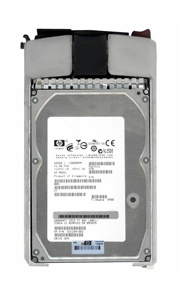 531294R-002 HP 450GB 15000RPM Fibre Channel 4Gbps Dual Port Hot Swap 3.5-inch Internal Hard Drive with Tray for StorageWorks
