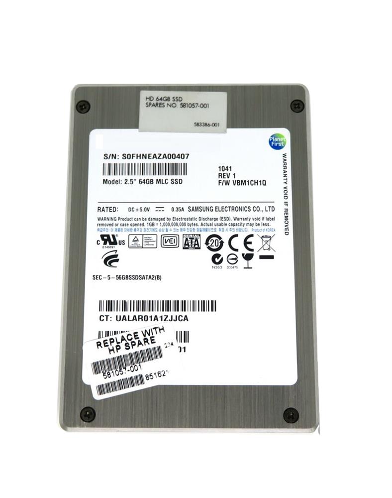 581057-001 HP 64GB MLC SATA 3Gbps 2.5-inch Internal Solid State Drive (SSD)
