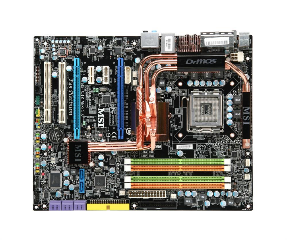 7513-010 MSI P45D3 Platinum Desktop Motherboard Intel P45 Express Chipset Socket T LGA-775 ATX 1 x Processor Support 8GB DDR3 SDRAM Maximum RAM CrossFire Support Floppy Controller, Serial ATA/300, Ultra ATA/133 (ATA-7) RAID Supported Controller 2 x PCIe x16 Slot (Refurbished)