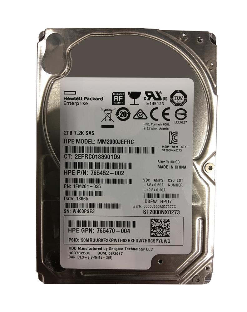 765452-002 HP 2TB 7200RPM SAS 12Gbps Nearline (512e) 2.5-inch Internal Hard Drive with Smart Carrier