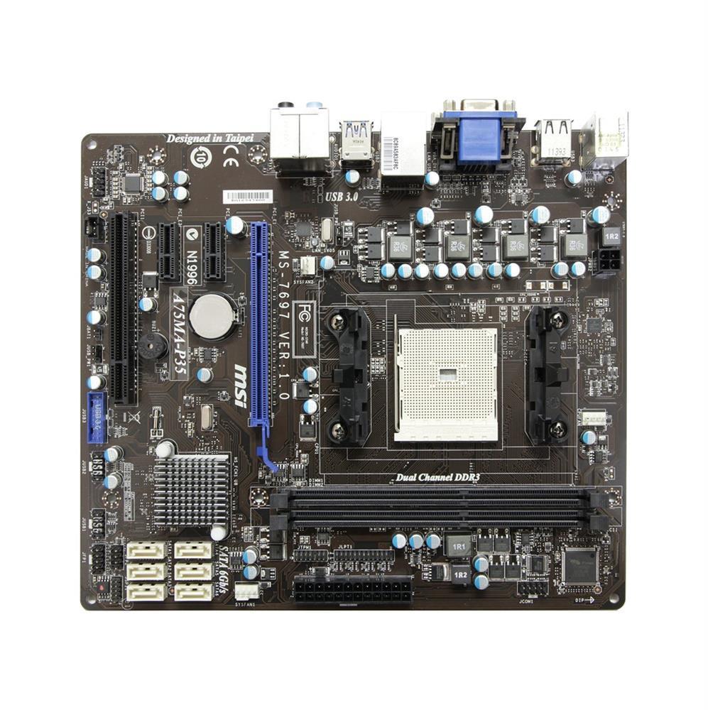 7697-010R MSI Socket FM1 AMD A75 Chipset AMD LIano APU Processors Supported DDR3 2x DIMM 6x SATA3 6.0Gb/s Micro-ATX Motherboard (Refurbished) 