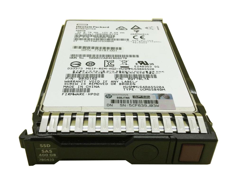 779181-001 HP 400GB MLC SAS 12Gbps Mainstream Endurance 2.5-inch Internal Solid State Drive (SSD) with Smart Carrier