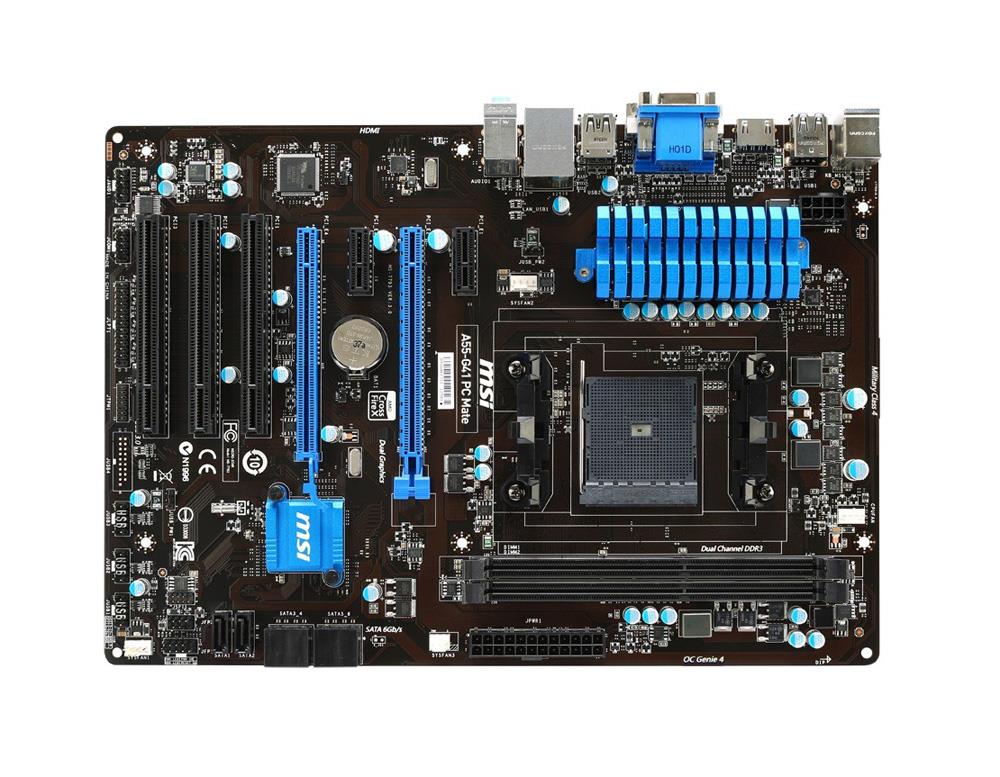 7793-003R MSI A55-G41 PC Mate Socket FM2+ AMD A55 Chipset AMD Athlon/ A-Series Processors Support DDR3 2x DIMM 6x SATA2 ATX Motherboard (Refurbished)