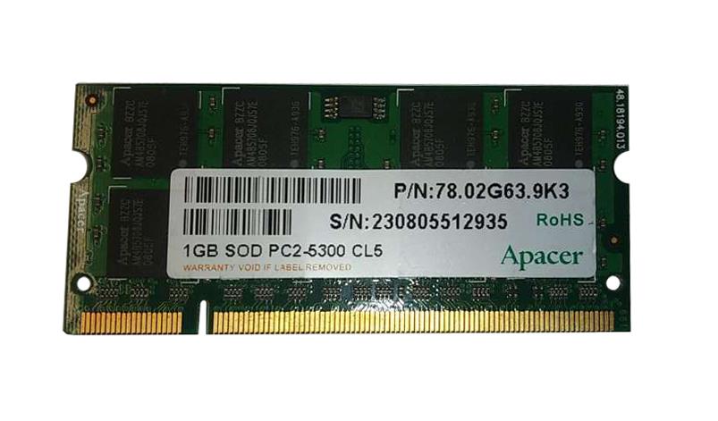 78.02G63.9K3 Apacer 1GB PC2-5300 DDR2-667 MHz non-ECC Unbuffered CL5 200-Pin SoDimm Dual Rank Memory Module