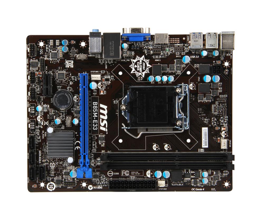 7817-010R MSI B85M-E33 Socket LGA 1150 Intel B85 Express Chipset Core i7 / i5 / i3 Pentium / Celeron Processors Support DDR3 2x DIMM 2x SATA 3.0Gb/s Micro-ATX Motherboard (Refurbished)