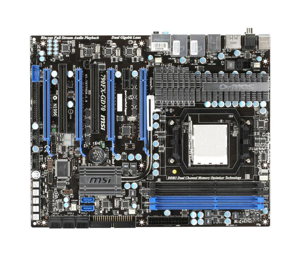 790FXGD70 MSI Socket AM3 AMD 790FX + SB750 Chipset AMD Phenom II X4/ Phenom II X3/ Athlon II X2 Processors Support DDR3 4x DIMM 8x SATA2 3.0Gb/s ATX Motherboard (Refurbished)