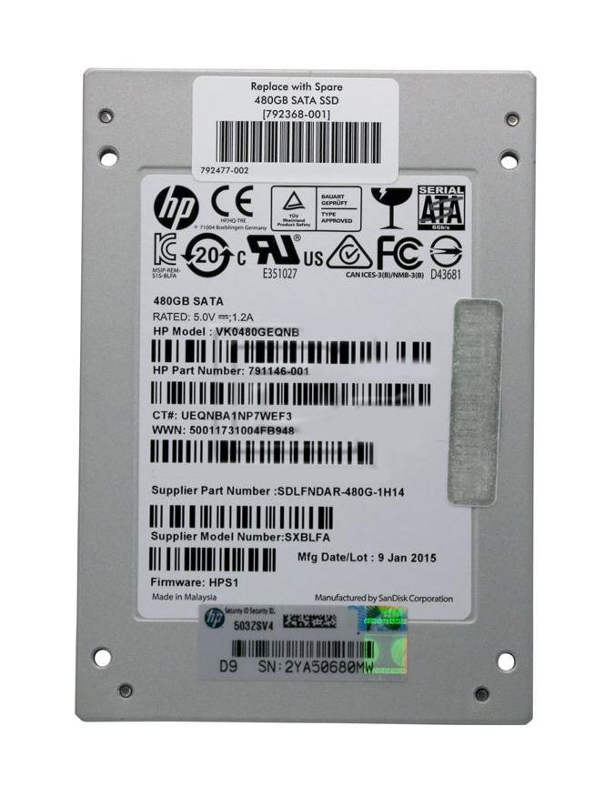 791146-001 HP 6G VE SC 480GB 2.5-Inch SATA SSD Solid State Hard Drive