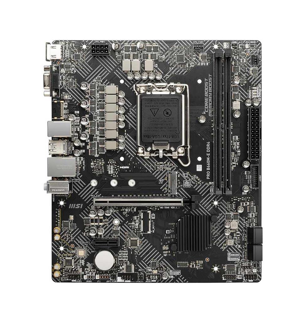 7D46-003R MSI PRO B660M-E DDR4 Socket LGA 1700 Intel B660 Chipset Intel Core/ Pentium Gold / Celeron Processors Support DDR4 2x DIMM 4x SATA 3.0Gb/s Micro-ATX Motherboard (Refurbished)