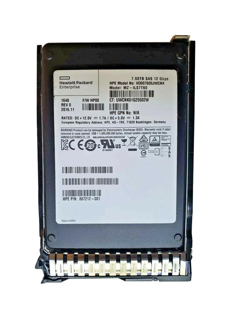 867212-001 HPE 7.68TB TLC SAS 12Gbps Read Intensive 2.5-inch Internal Solid State Drive (SSD) with Low Profile Converter