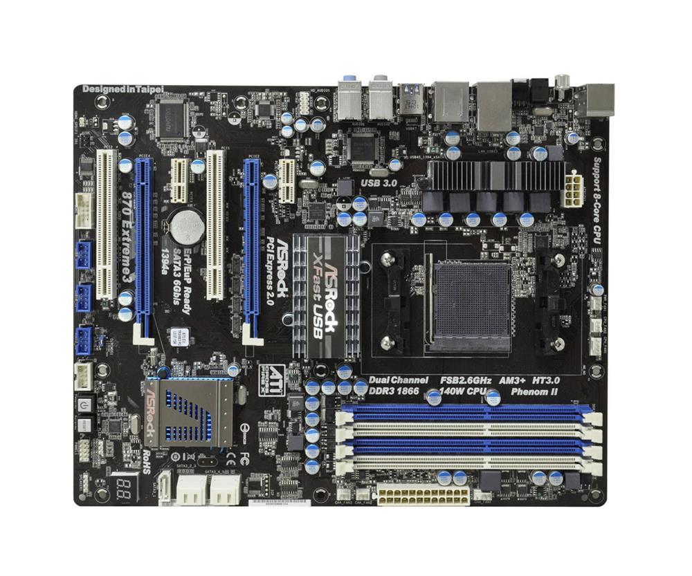 870-EXTREME3-BO-R ASRock 870 Extreme3 Socket AM3 AMD 870 + SB850 Chipset AMD Phenom II X6/ Phenom II X4/ Phenom II X3/ Phenom II X2/ AMD Athlon II X4/ Athlon II X3/ Athlon II X2/ AMD Sempron Processors Support DDR3 4x DIMM 5x SATA3 6.0Gb/s ATX Motherboard (Refurbished)