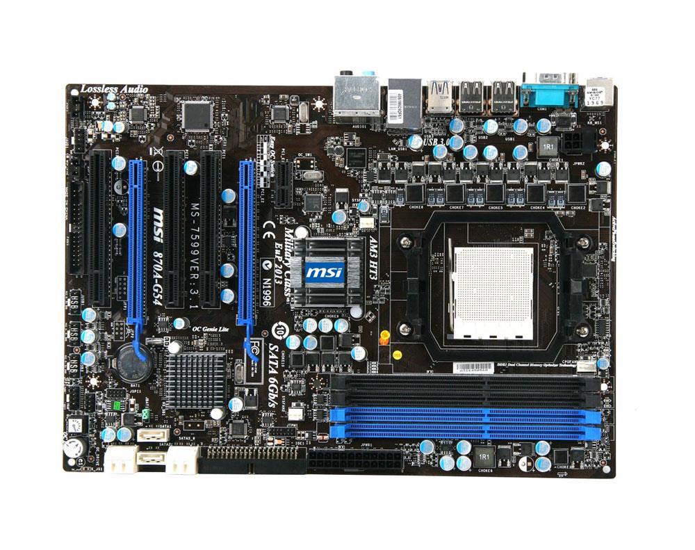 870AG54 MSI Socket AM3 AMD 870 + SB850 Chipset AMD Phenom II X4/ Phenom II X3/ Phenom II X2/ AMD Athlon II X4/ Athlon II X3/ Athlon II X2/ AMD Sempron Processors Support DDR3 4x DIMM 6x SATA3 3.0Gb/s ATX Motherboard (Refurbished)