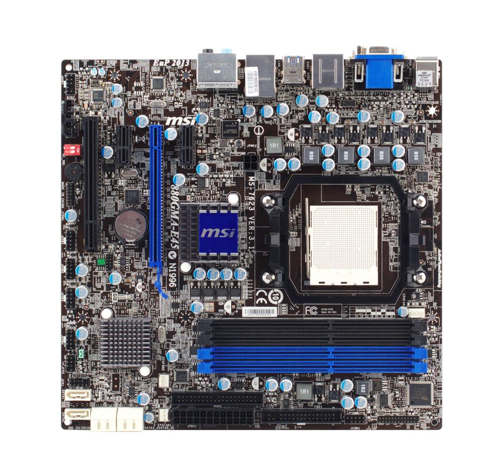 880GMA-E45 MSI Socket AM3 AMD 880G + SB850 Chipset AMD Phenom II X4/ Phenom II X3/ Phenom II X2/ AMD Athlon II X4/ Athlon II X3/ Athlon II X2/ AMD Sempron Processors Support DDR3 4x DIMM 6x SATA 6.0Gb/s Micro-ATX Motherboard (Refurbished)